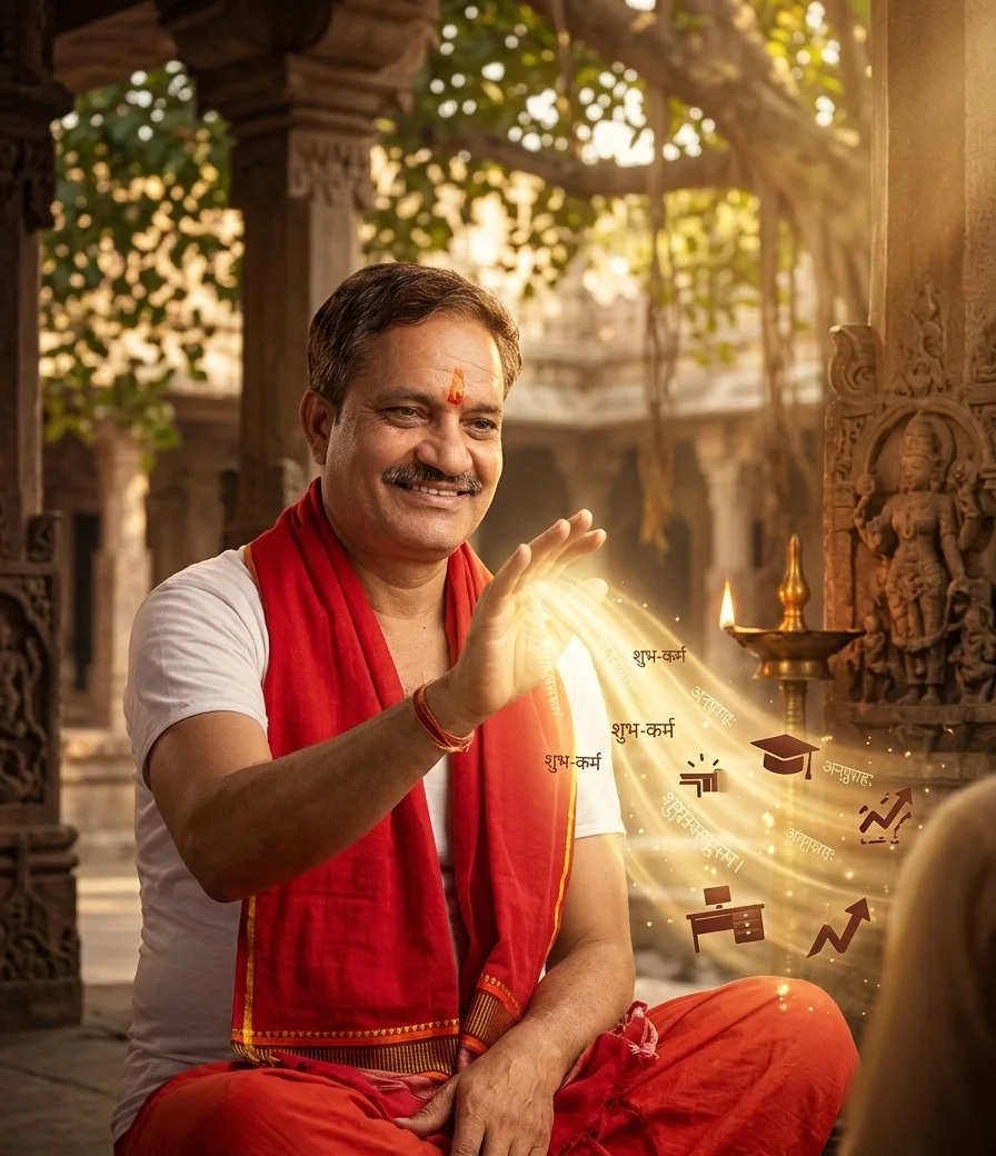 Pandit Girish Chandra Pargain giving blessings at a temple in Haridwar